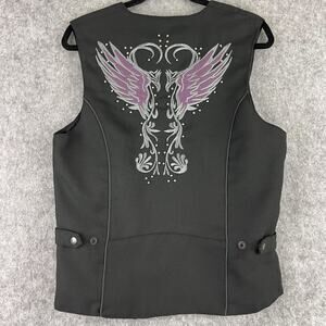 Vance Leathers Vest Womens Medium Black Embroidered Studded Wings Biker